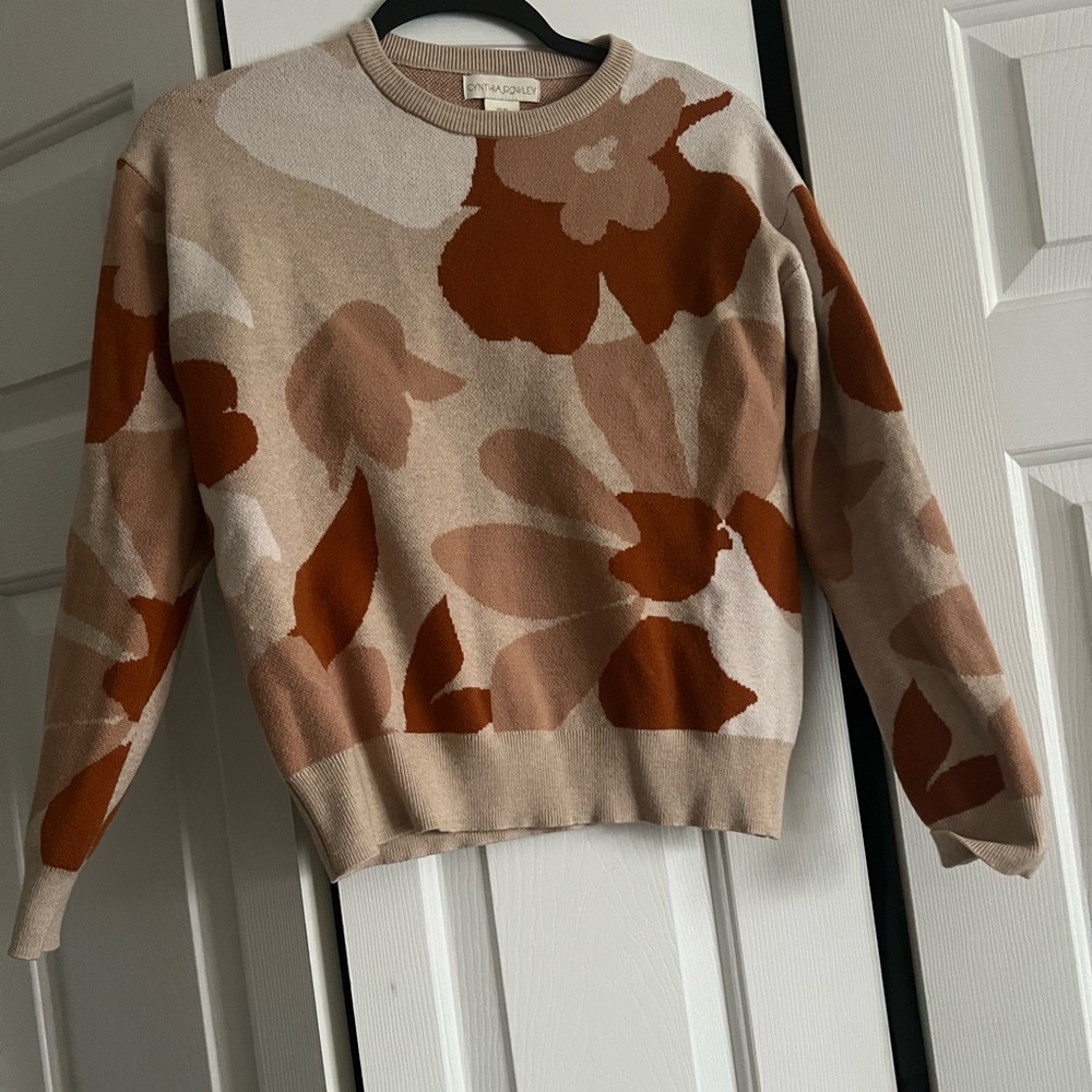 Cynthia Rowley Cream and Brown Crew Neck Sweater